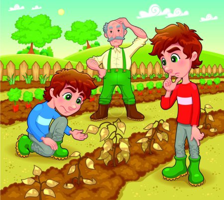 Illustration for Funny scene in the vegetable garden. graphic vector illustration - Royalty Free Image