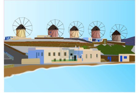 Téléchargez les illustrations : Île de Mykonos, illustration vectorielle simple - en licence libre de droit