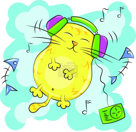 Téléchargez les illustrations : Chat gras jaune écoutant de la musique sur écouteurs - en licence libre de droit
