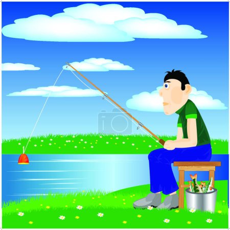 Téléchargez les illustrations : Pêcheur sur la rivière illustration vectorielle moderne - en licence libre de droit