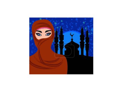 Téléchargez les illustrations : Belles femmes musulmanes sur fond de mosquée - en licence libre de droit