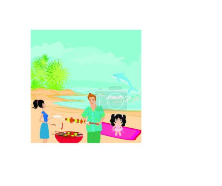 Téléchargez les illustrations : Famille heureuse avec barbecue en plein air, illustration vectorielle graphique - en licence libre de droit