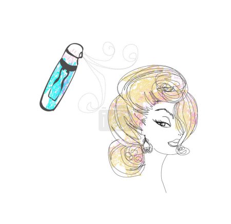 Illustration for Hairdresser fixing woman hair with hairspray - Royalty Free Image