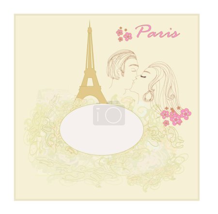 Téléchargez les illustrations : Couple romantique à Paris s'embrassant près de la Tour Eiffel, illustration vectorielle graphique - en licence libre de droit