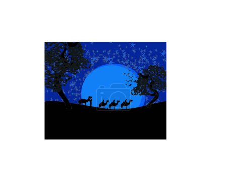 Illustration for Blue sunset in the sahara desert with bedouins - Royalty Free Image