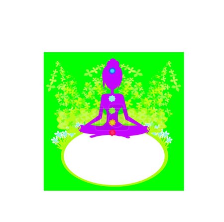 Téléchargez les illustrations : Pose de lotus de yoga. Padmasana avec des points de chakra colorés, illustration vectorielle graphique - en licence libre de droit
