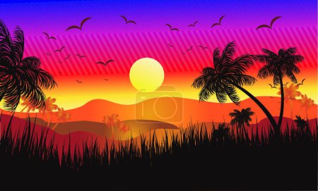 Téléchargez les illustrations : "Tropical Sunset "illustration vectorielle colorée - en licence libre de droit