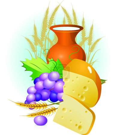 Téléchargez les illustrations : Ensemble de nourriture, raisin, fromage, lait - en licence libre de droit