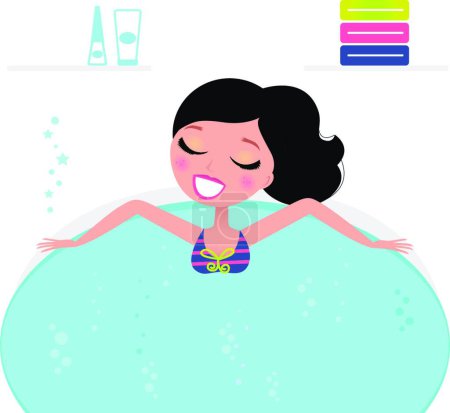 Ilustración de Mujer linda relajarse en el jacuzzi, accesorios de spa - Imagen libre de derechos