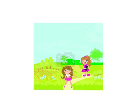 Illustration for Sweet girls with a cute kittens in the garden - Royalty Free Image