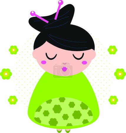 Téléchargez les illustrations : Geisha florale verte isolée sur fond pointillé - en licence libre de droit