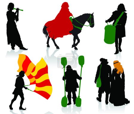 Illustration for Silhouettes of people in medieval costumes - Royalty Free Image