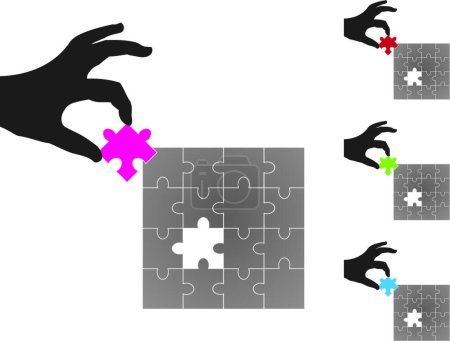 Illustration for Hand putting missing piece in square puzzle, graphic vector illustration - Royalty Free Image