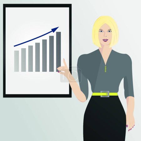Téléchargez les illustrations : Femme blonde présentant des affaires sur tableau blanc, illustration vectorielle graphique - en licence libre de droit