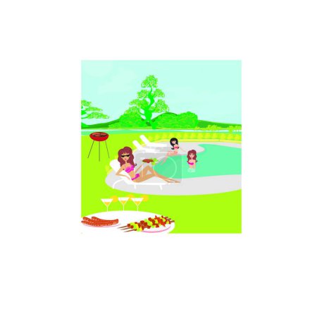 Illustration for Girls having a Barbeque Party , graphic vector illustration - Royalty Free Image