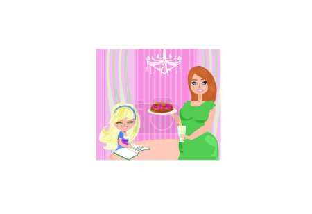 Illustration for Mom serves pancakes modern vector illustration - Royalty Free Image