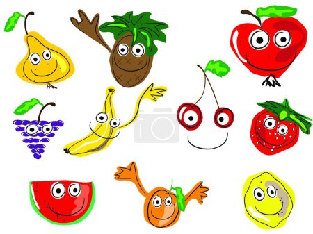 Téléchargez les illustrations : Heureux fruits, illustration vectorielle - en licence libre de droit
