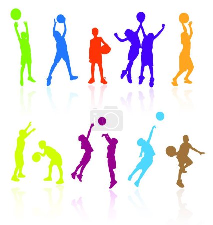 Téléchargez les illustrations : "Silhouettes d'enfants sautant et jouant au basket avec refl
" - en licence libre de droit