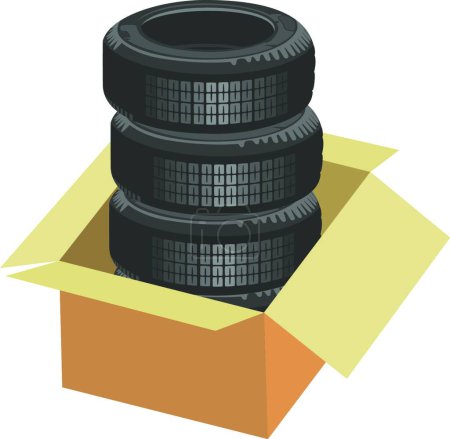 Illustration for "Brand new tires in a box" colorful vector illustration - Royalty Free Image