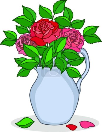 Téléchargez les illustrations : Cruche avec illustration vectorielle roses - en licence libre de droit
