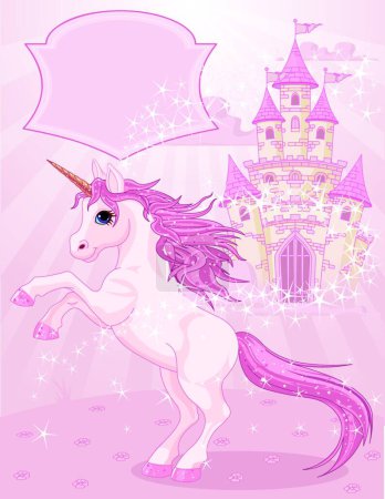 Ilustración de Castillo de cuento de hadas y unicornio - Imagen libre de derechos