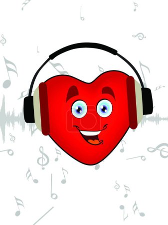 Ilustración de "Ilustración de un corazón escuchando música con auriculares en la costura
" - Imagen libre de derechos