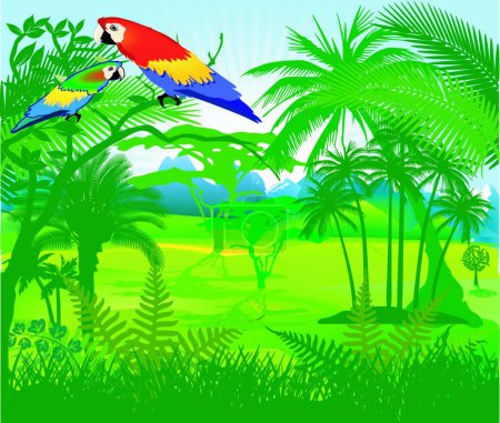 Ilustración de Loro en la selva, ilustración vectorial colorido - Imagen libre de derechos