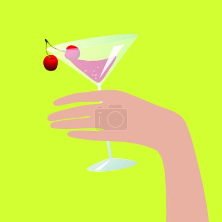 Téléchargez les illustrations : Main tenant un verre à cocktail cerise - en licence libre de droit