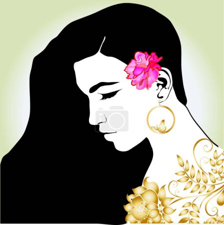 Ilustración de Hermosa chica con rosa y vestido de oro y oído - Imagen libre de derechos
