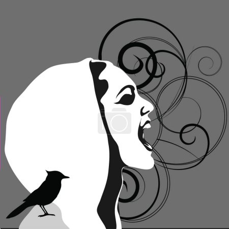 Ilustración de Chica riendo con pájaro y fantasía - Imagen libre de derechos
