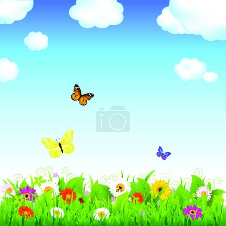 Téléchargez les illustrations : Prairie de fleurs avec des papillons - en licence libre de droit