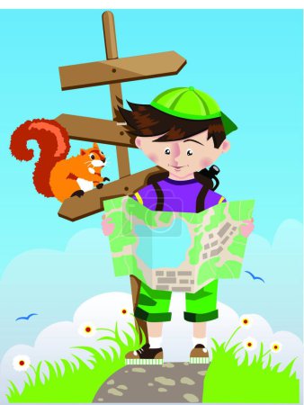 Téléchargez les illustrations : Le garçon et l'écureuil à propos d'un panneau de signalisation, illustration vectorielle graphique - en licence libre de droit