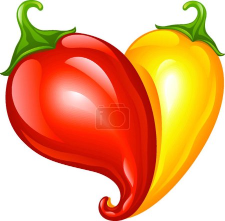 Illustration for "Hot chilli pepper red and yellow. Two pepper in the shape of heart - Love symbol to mexican cooking" - Royalty Free Image