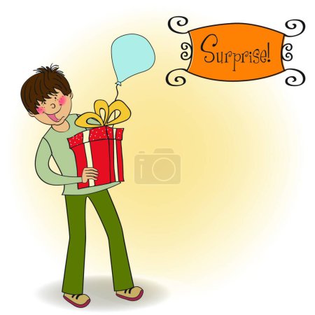 Ilustración de Tarjeta de felicitación con niño y caja de regalo grande - Imagen libre de derechos