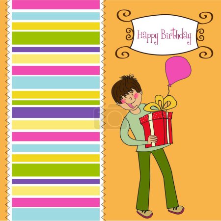 Ilustración de Tarjeta de felicitación con niño y caja de regalo grande - Imagen libre de derechos