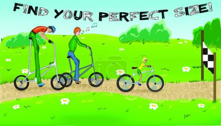 Téléchargez les illustrations : Drôle de vélo avec trois cyclistes - en licence libre de droit