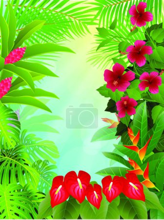 Téléchargez les illustrations : Fond de forêt tropicale, illustration vectorielle - en licence libre de droit