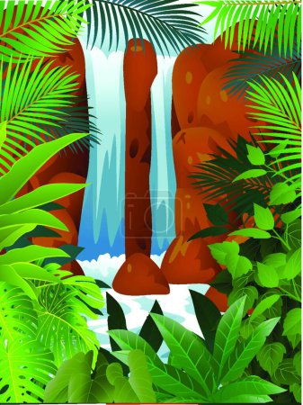 Ilustración de Bosque tropical con cascada, ilustración vectorial gráfica - Imagen libre de derechos