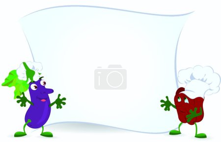 Illustration for Eggplant and bell pepper are holding promotion board - Royalty Free Image