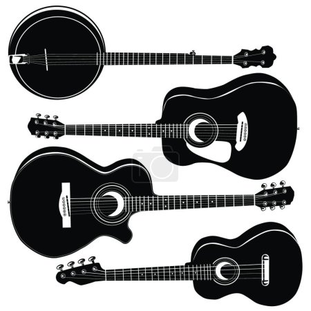 Téléchargez les illustrations : Silhouettes de guitares acoustiques, illustration vectorielle graphique - en licence libre de droit