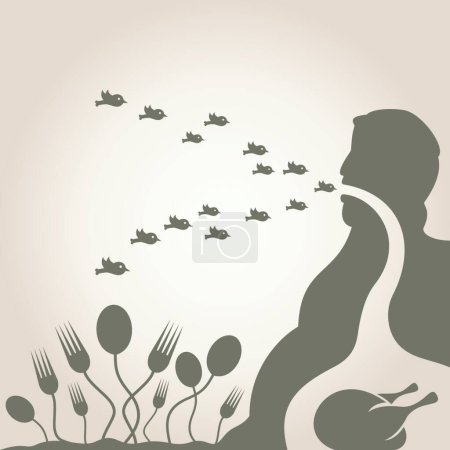 Illustration for Man eating birds, colorful vector illustration - Royalty Free Image