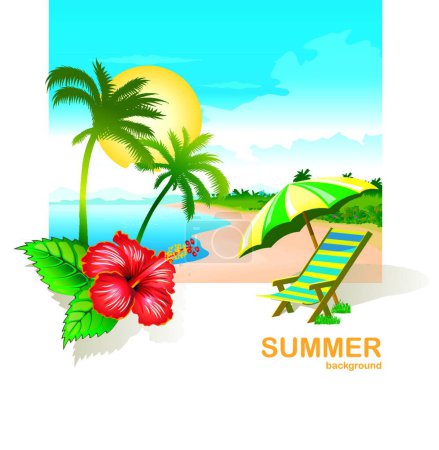 Ilustración de Sillas de verano playa y flor en la playa tropical - Imagen libre de derechos