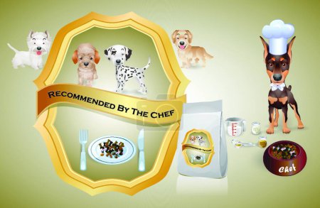 Téléchargez les illustrations : Chef chien recommandé nourriture pour chien aux chiots - en licence libre de droit