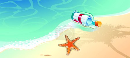 Ilustración de Correo en una botella de vidrio flotando en el mar, y estrellas de mar - Imagen libre de derechos