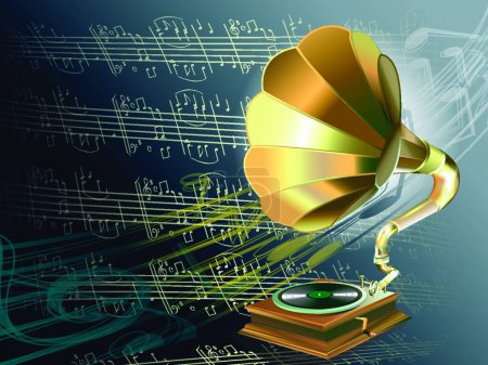 Illustration for Music with gramophone on musical notes background - Royalty Free Image