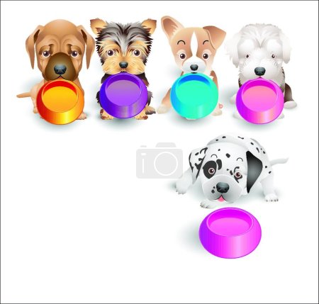 Illustration for Puppies are for food by trays, graphic vector illustration - Royalty Free Image