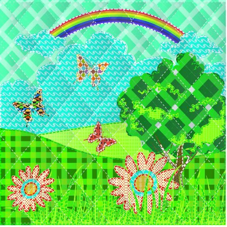 Ilustración de Mosaico con flores de colinas, mariposa y árbol, ilustración vectorial gráfica - Imagen libre de derechos