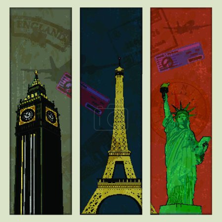 Ilustración de "ilustración del monumento famoso en el fondo del collage de viaje" - Imagen libre de derechos