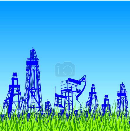 Téléchargez les illustrations : Plate-forme pétrolière et pompe sur fond bleu avec de l'herbe - en licence libre de droit