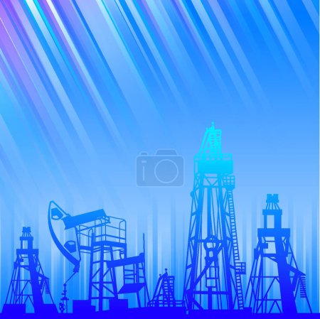 Ilustración de Plataforma de aceite y bomba sobre rayos luminosos azules - Imagen libre de derechos